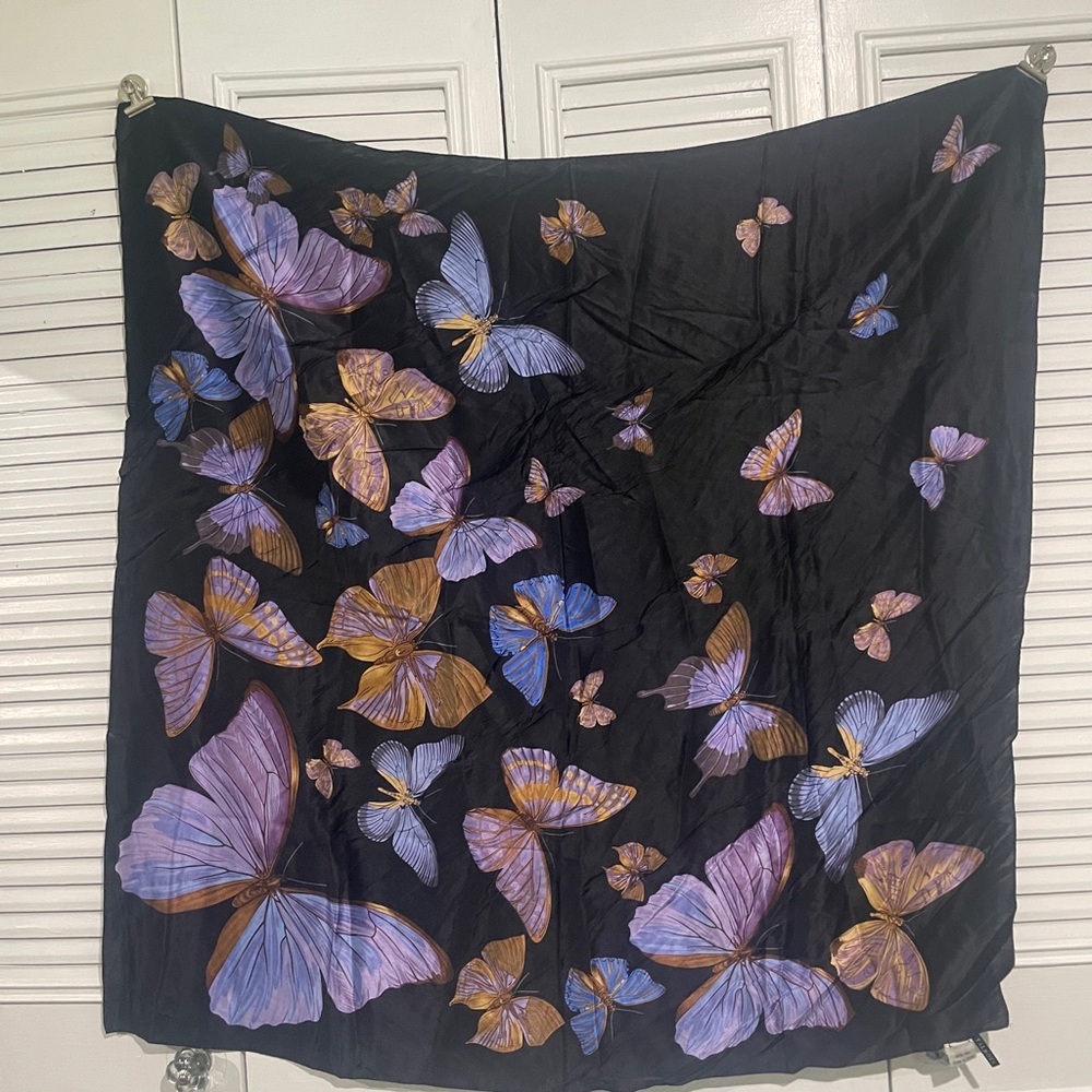 Talbots Black Scarf with Purple and Gold Butterflies